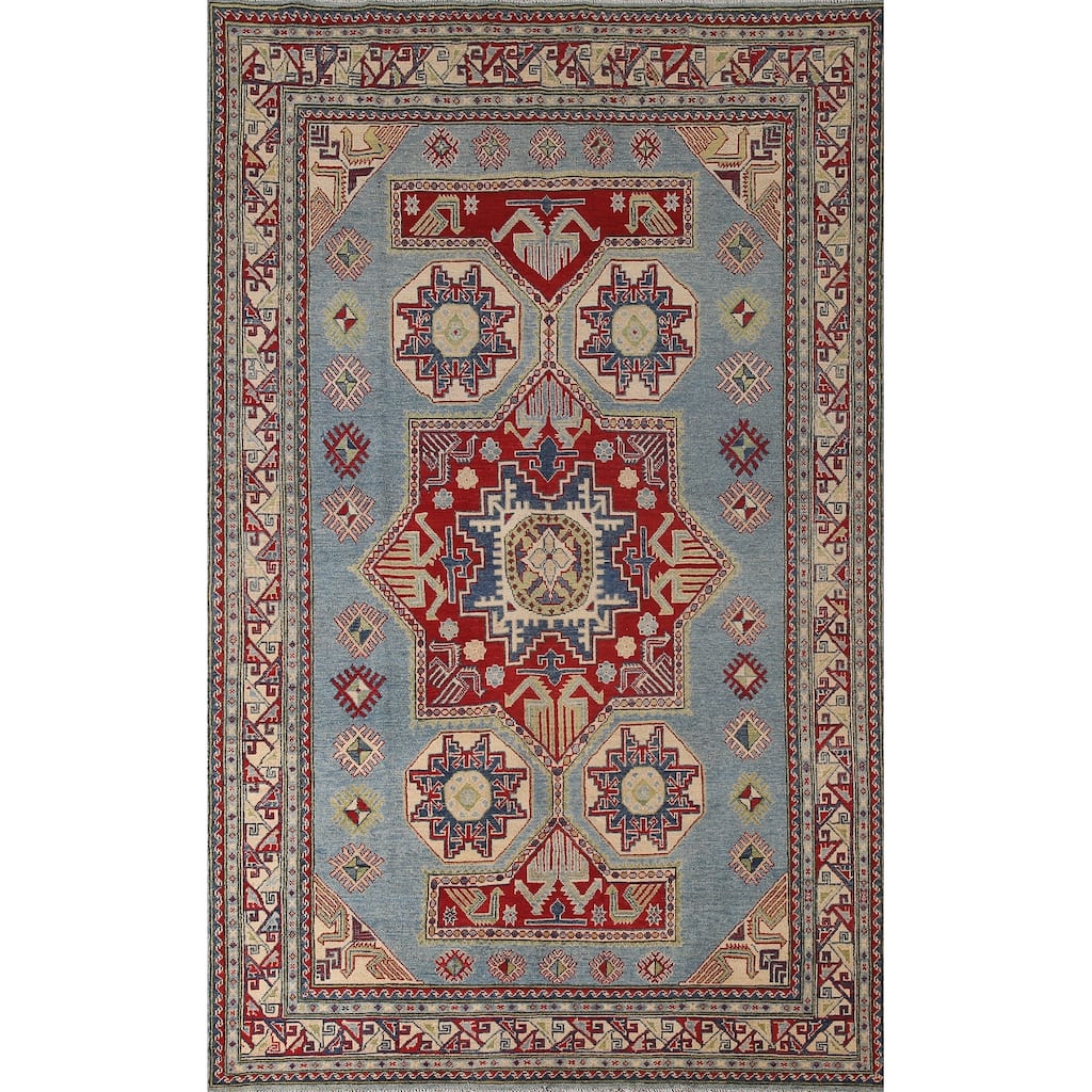 Blue Geometric Kazak Area Rug Handmade Oriental Wool Carpet - 6'0" x 9'8"
