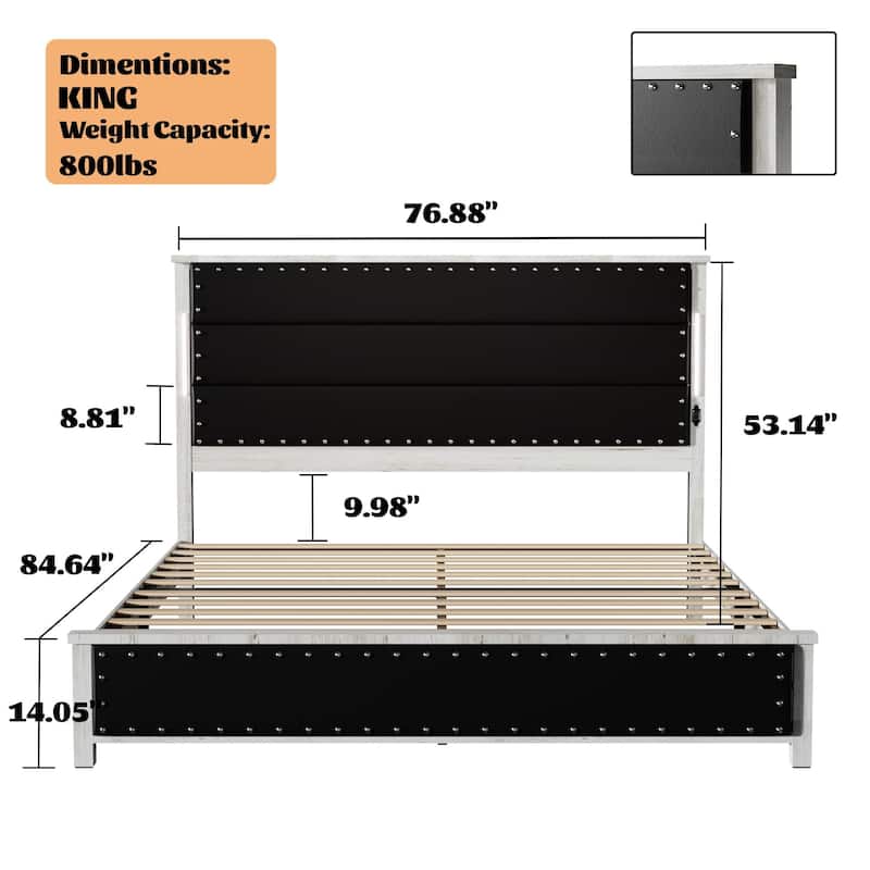 Modern King/Queen Bed Frame with Faux Leather Headboard, LED Lights, Charging Station, and Wooden Slats - Easy Assembly