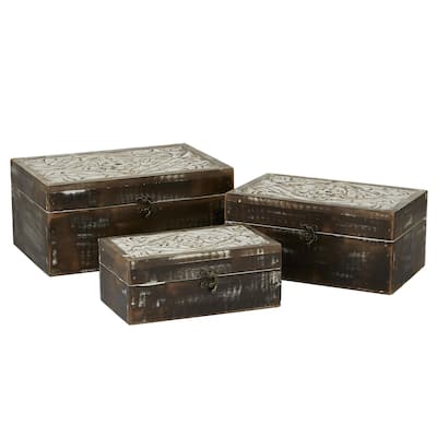 Wood Floral Handmade Decorative Box with Hinged Lid - Set of 3 Brown - Roche River Decor
