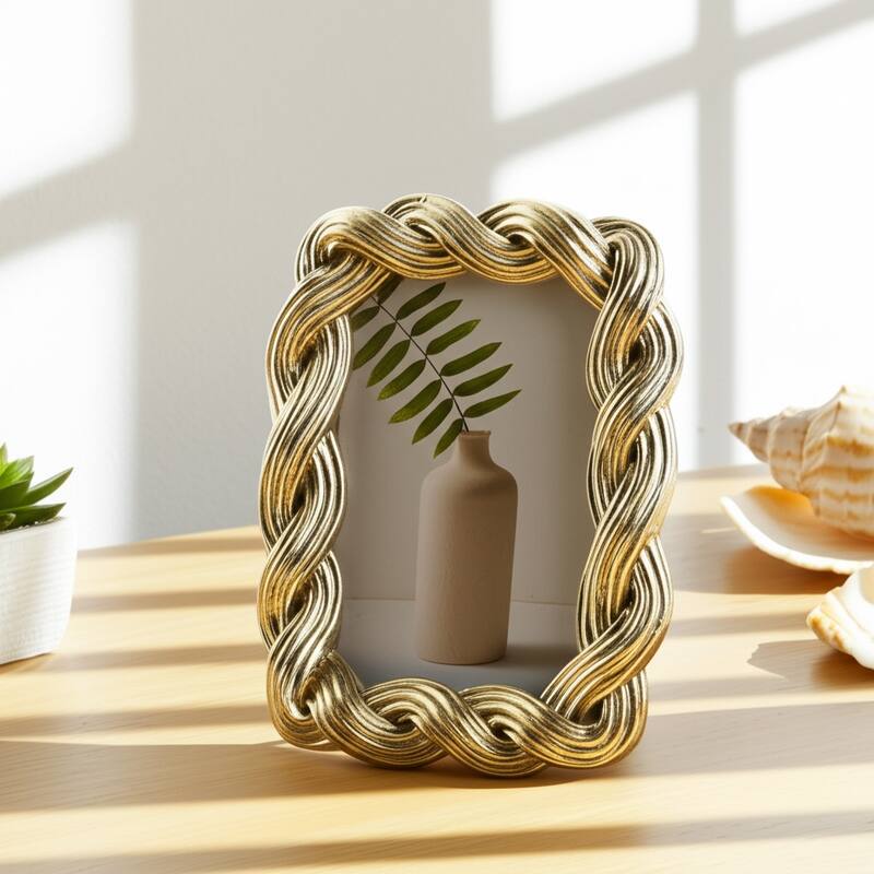 Decorative Resin and Glass Frame Twisted Rope Design - 5"x7", Gold