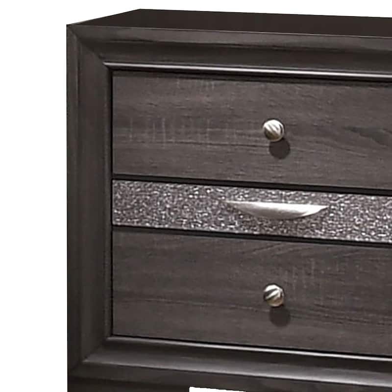 Wooden Nightstand with 2 Drawers and 1 Jewelry Drawer, Grey and Silver