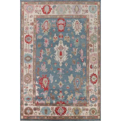 Light Blue Floral Oushak Large Area Rug Handmade Wool Carpet - 9'11" x 13'8"