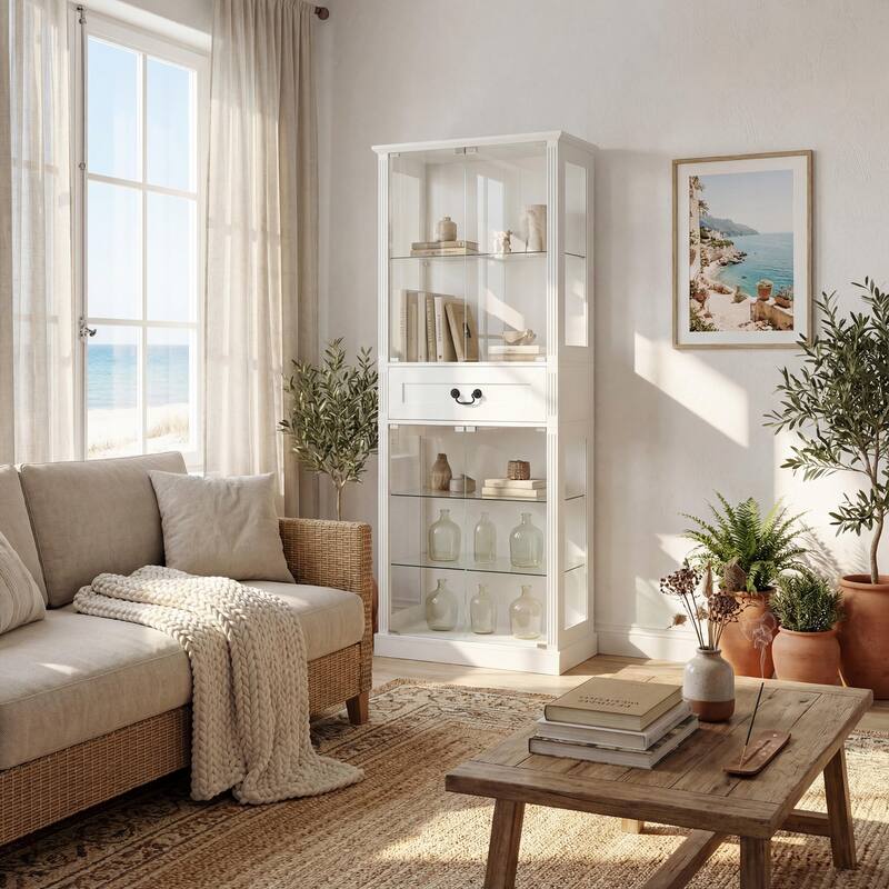 Bookshelves LED Display Cabinet with Tempered Glass Doors, App-Controlled Multicolor Lighting