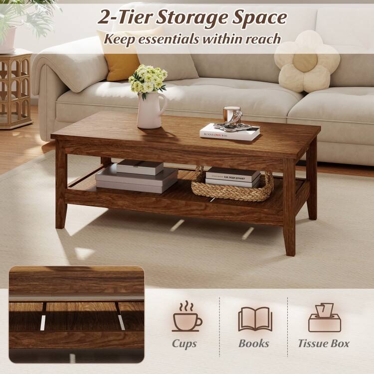 Engineered Wood Coffee Table 2-Tier with Storage and Raised Shelf - 47" x 23.5" x 18"