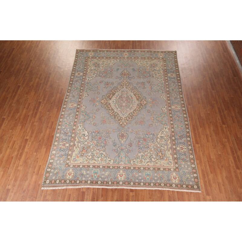 Traditional Gray Tabriz Persian Vintage Rug Hand-Knotted Wool Carpet - 9'6"x 12'11"