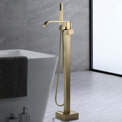Waterfall Double Handles Freestanding Floor Mounted Tub Faucet With Hand Shower