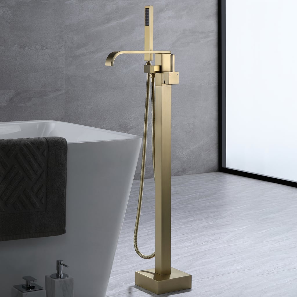 Waterfall Double Handles Freestanding Floor Mounted Tub Faucet With Hand Shower
