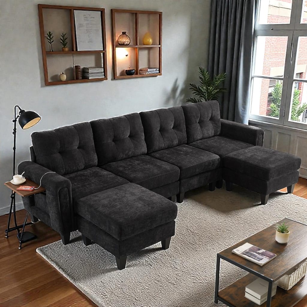 Modern 115" U-Shaped Modular Sectional Sofa with 2 Ottomans, USB Charging Ports, Foldable Side Tables, Chenille Upholstery