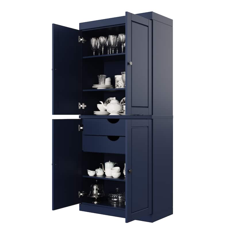 Solid Wood Tall Freestanding Kitchen Pantry Cabinet with Doors & 2 Drawers, Adjustable Shelves, Modular Storage, 32" W x 71.5" H