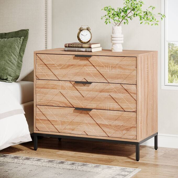 Modern Nightstand with 3 Drawers, Wooden Bed Side Table for Bedroom - 1PC