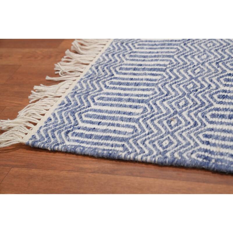 Hand Woven Oriental 100% Wool Carpet Traditional Geometric Navy Blue & Blues Durrie-Kilim Area Rug - 8' 1'' X 5' 0''