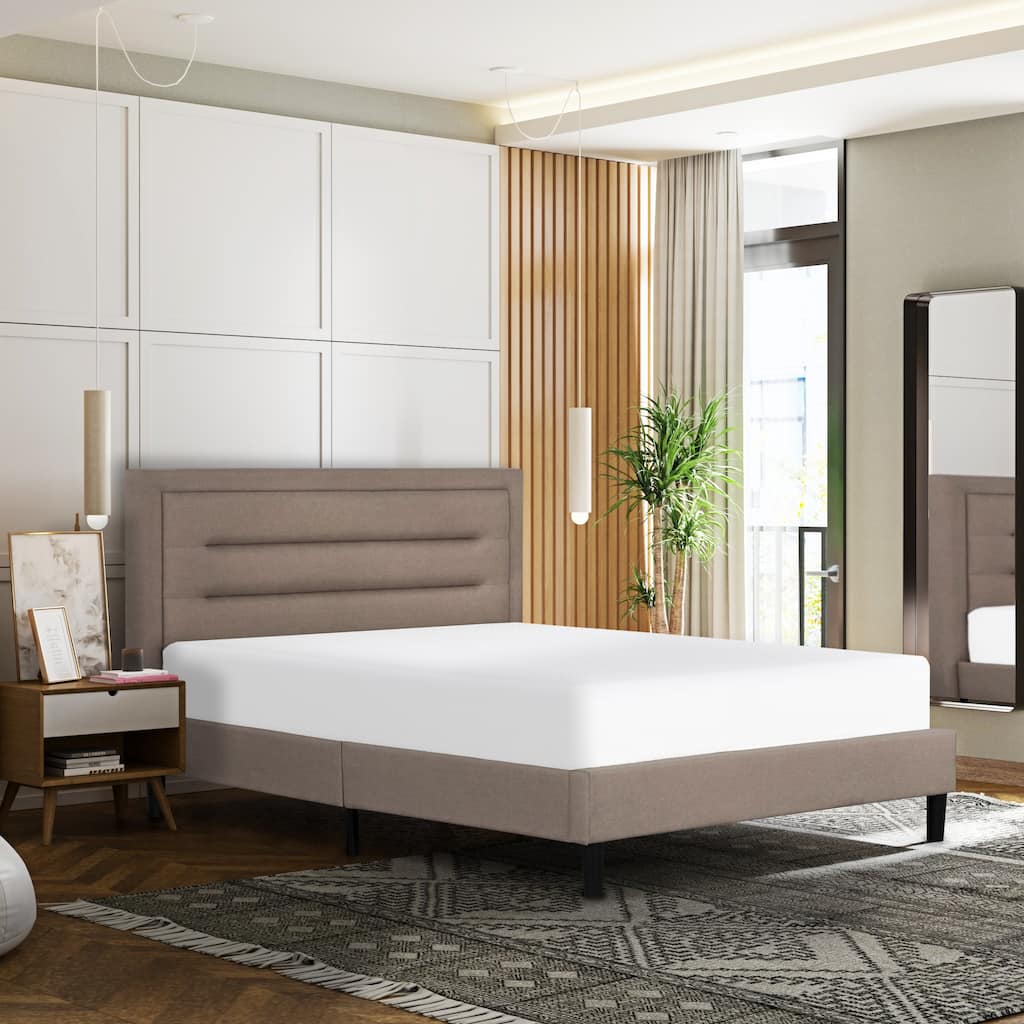 Queen Size Upholstered Platform Bed with Tufted Headboard, Brown