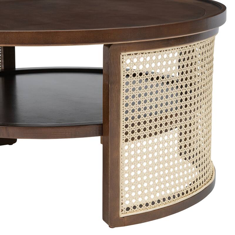2-Tiered Round Wood Coffee Table with Storage Rattan Base in 31.3''