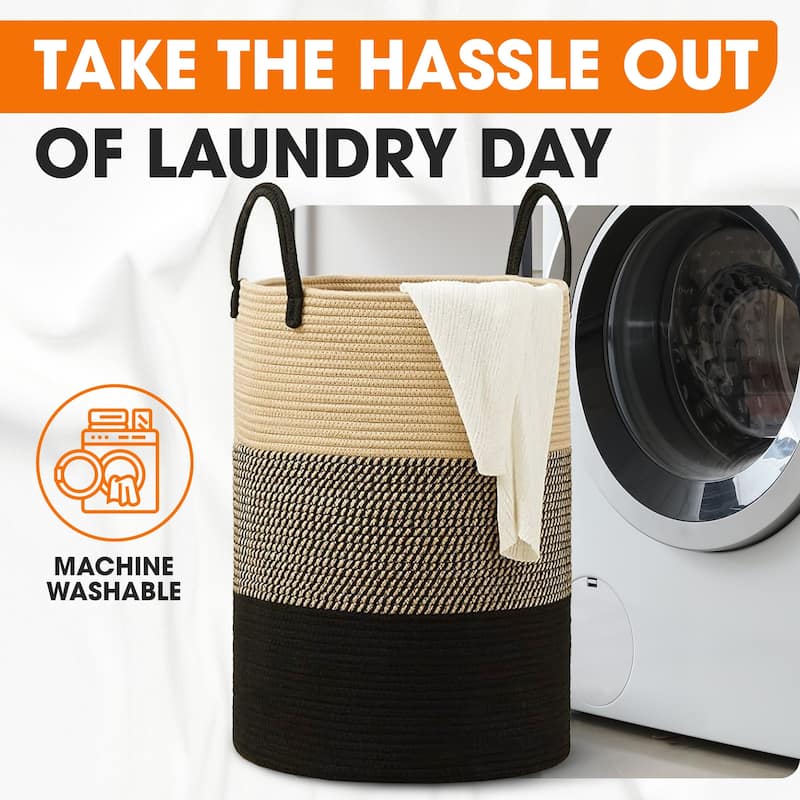 Cheer Collection Large Woven Cotton Laundry Hamper with Handles Stylish Storage Basket for Clothes Toys and Blankets