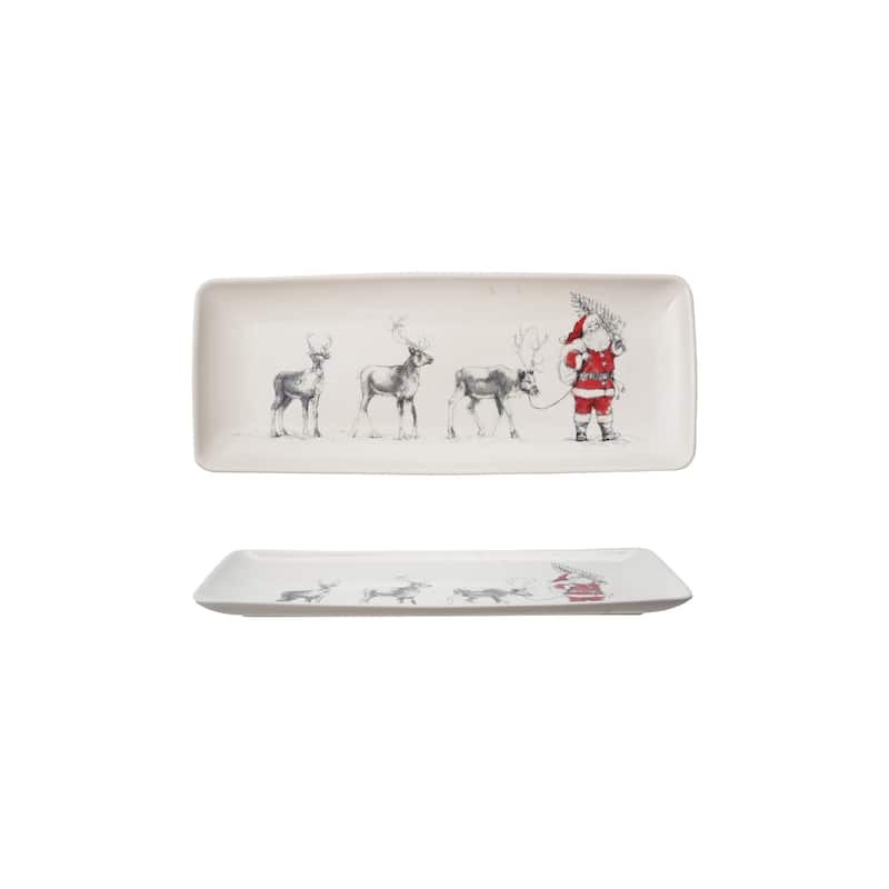 Stoneware Serving Platter with Santa Leading Reindeer Image - Multi