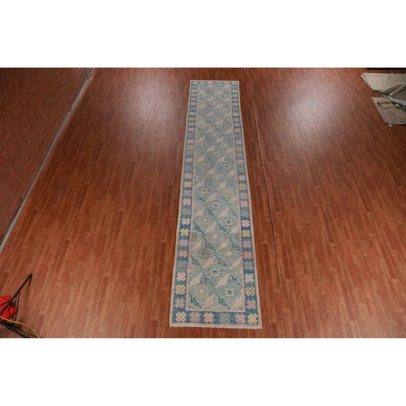 Hand Knotted Oriental 100% Wool Carpet Transitional Floral Navy Blue & Blues Oushak Runner Rug - 16' 7'' X 3' 6''