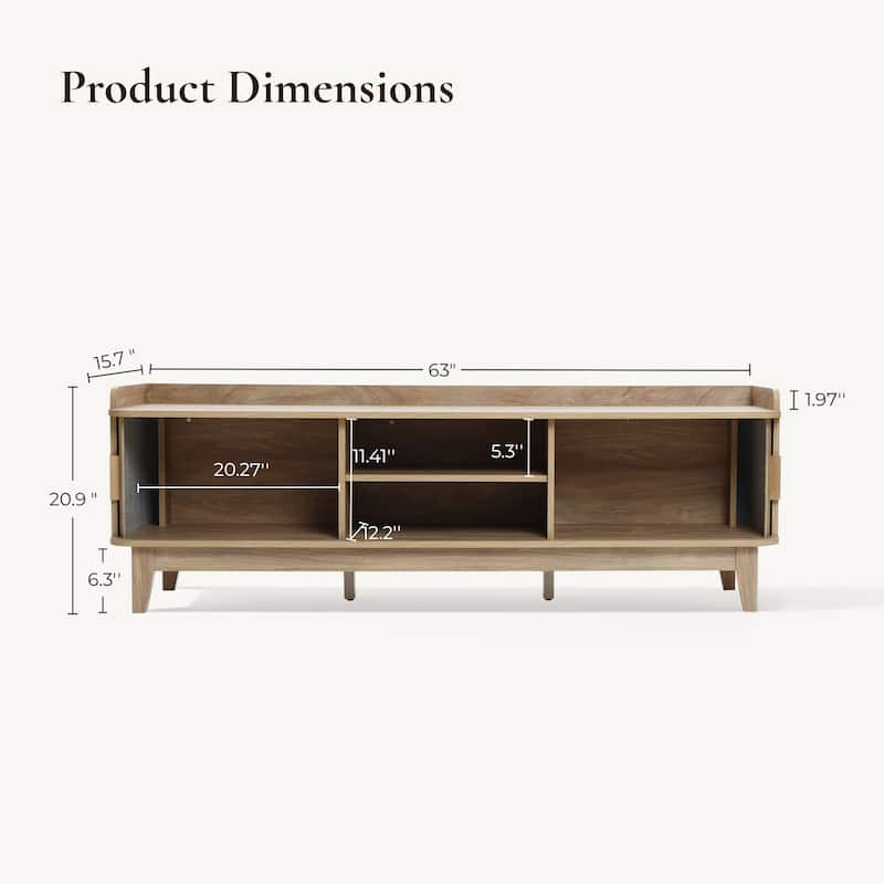 Mid-Century Modern Tambour-Style 2-Door TV Stand and Console with Raised Sides, Oak - 20.9" H x 63" W x 15.7" D