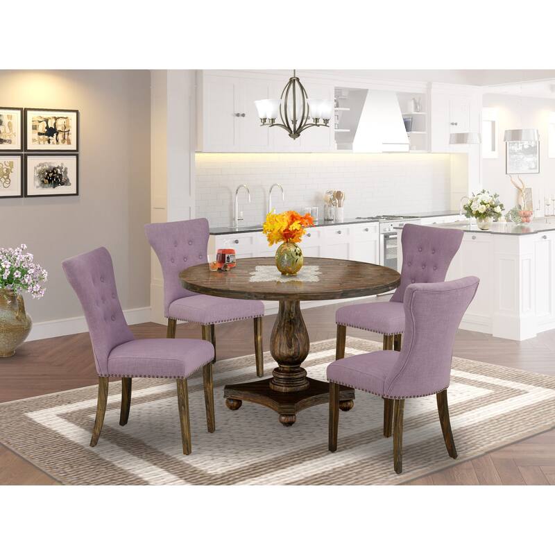 East West Furniture Dining Set- a Dining Room Table and Dahlia Linen Fabric Chairs, Distressed Jacobean (Pieces Option) - I2GA5-740