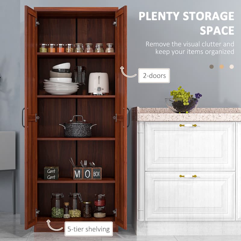 63" 2-Door Kitchen Pantry, Freestanding Storage Cabinet with 5-tier Shelving and 2 Adjustable Shelves for Dining Room, Tan
