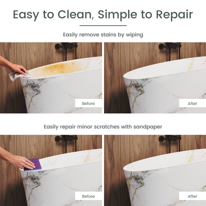 51 in. x 28 in. Solid Surface Freestanding Deep Soaking Bathtub with Built-In Seat, Right Drain, Matte White with Marble Pattern