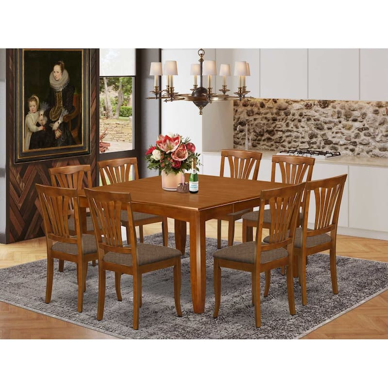 HomeStock 9-Piece Square Saddle Brown Finish Solid Wood Top Dining Table with 8-Chairs