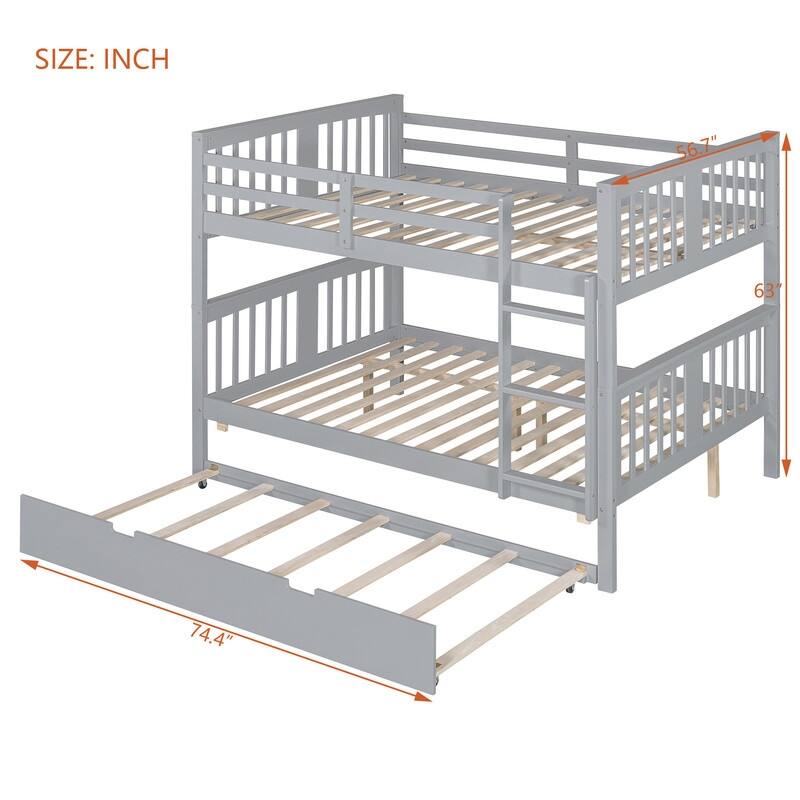 Full over Full Bunk Bed with Twin Size Trundle and Ladder-Gray