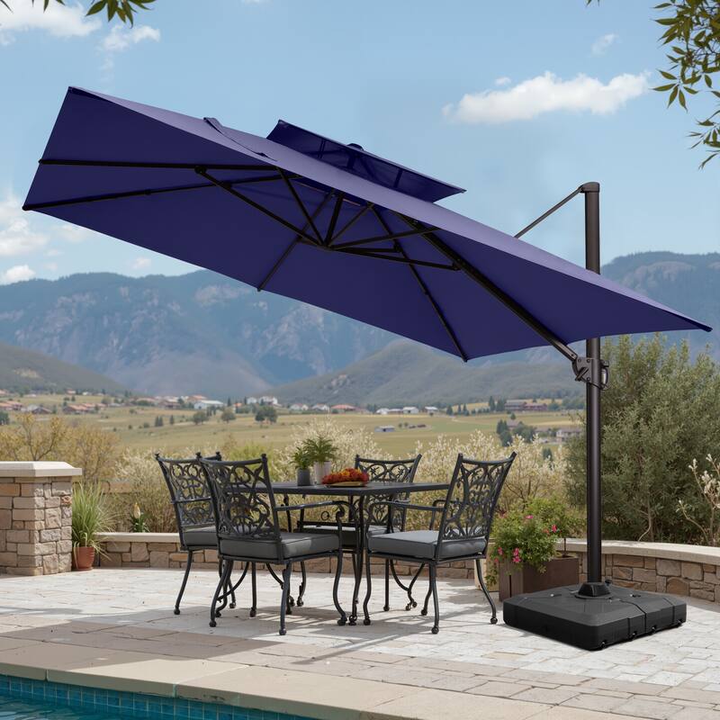 Pellebant 11X11FT Outdoor Patio Cantilever Offset 360 Degree Rotation Umbrella with Base Stand - Navy Blue