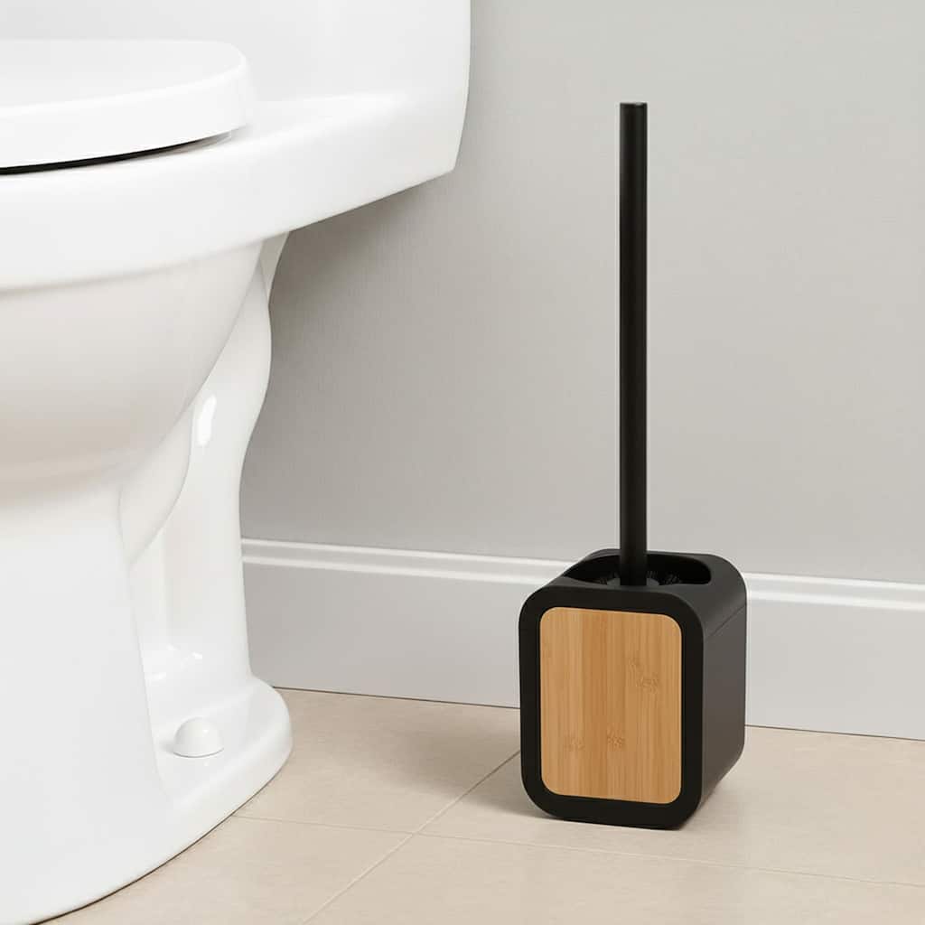 Toilet Brush and Holder Rubber and Wood - 4 L x 3.9 W x 15.2 H