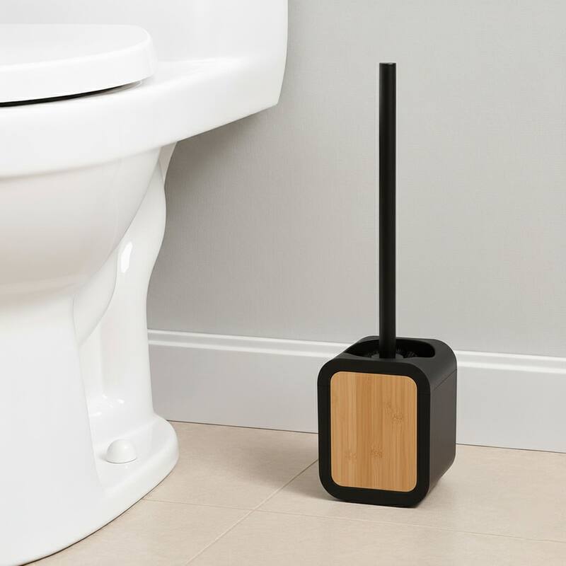 Toilet Brush and Holder Rubber and Wood - 4 L x 3.9 W x 15.2 H - Black/Bamboo