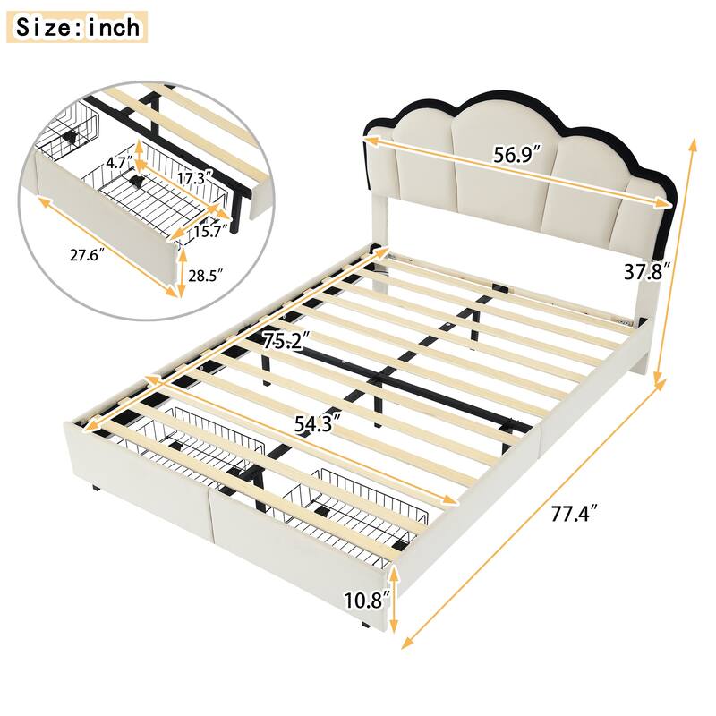 Full Size Upholstered Princess Platform Bed with LED Light Strips and 2 Storage Drawers, Modern Bed Frame with Headboard