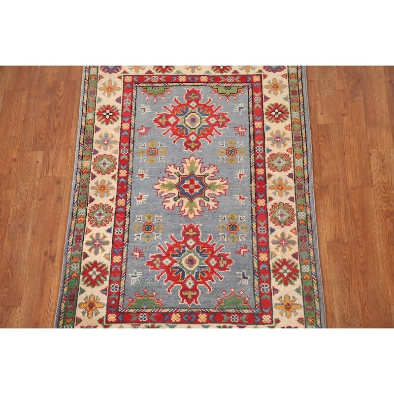 Kazak Oriental Foyer Rug Hand-Knotted Geometric Wool Carpet - 2'9" x 4'1"
