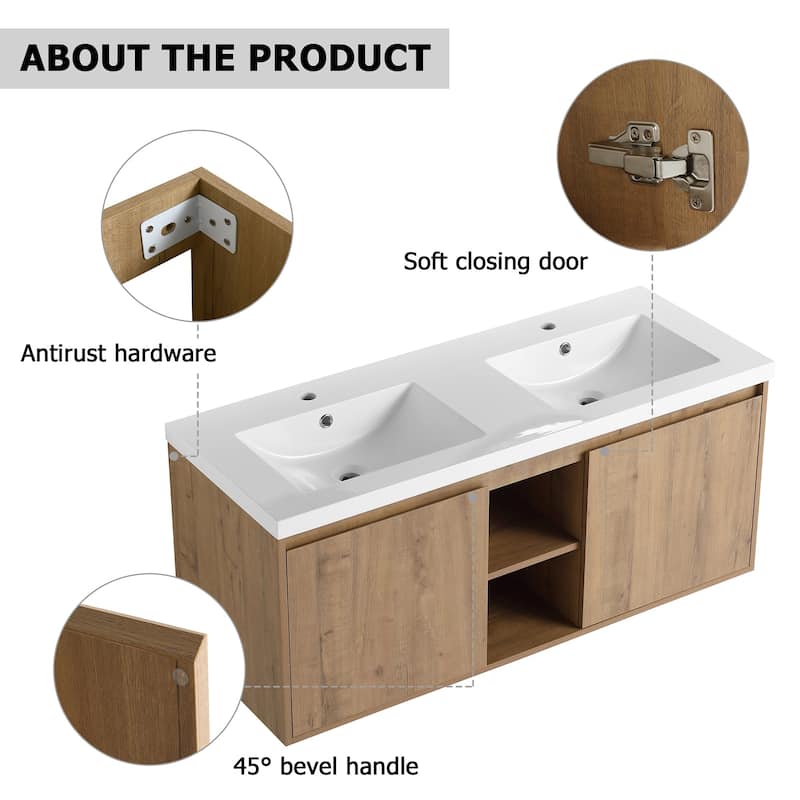 48 Inch Plywood Wall-Mounted Bathroom Vanity Set in Imitative Oak with ...