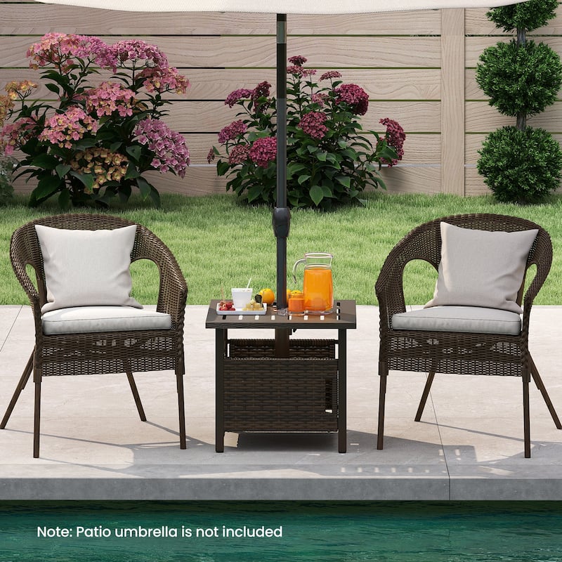 Brown PE Rattan Outdoor Side Table with Umbrella Hole and Rustproof Zinc-Iron Frame for Garden or Pool - 22" x 22" x 19"