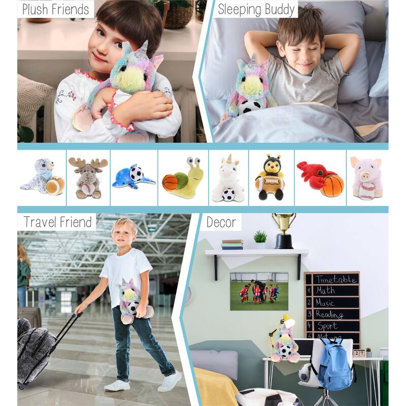 DolliBu Sitting Rainbow Unicorn Stuffed Animal with Soccer Ball Plush - 10 inches