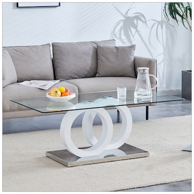 Contemporary Style Glass-Top MDF Coffee Table with White Base