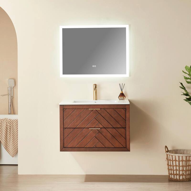30-inch Wall-Mounted Floating Single Vanity with Ceramic Sink - Walnut