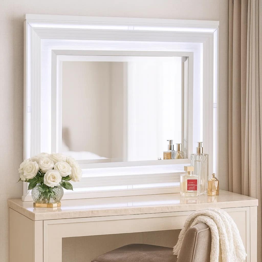 Wooden Frame Mirror with LED and Mirror Trim Accents, White