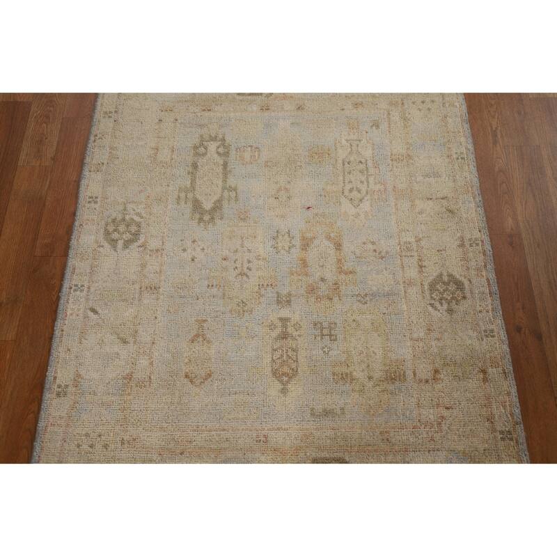 Geometric Oushak Turkish Area Accent Rug Hand-Knotted Wool Carpet - 3'1" x 3'11"