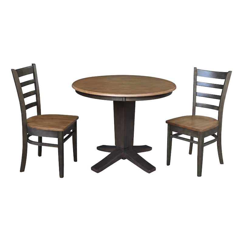 36 in Solid Wood Round Top Pedestal Dining Table with Dining Chairs - Hickory/Washed Coal - 3-Piece