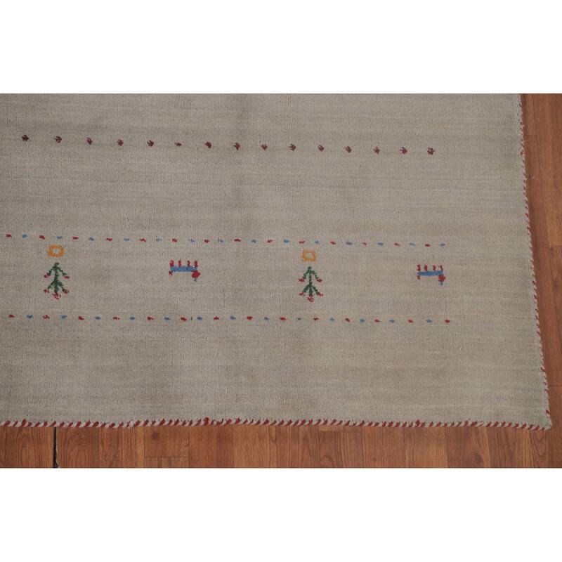 Tribal Gabbeh Area Rug Hand-Knotted Grey Wool Carpet - 7'11"x 9'7"