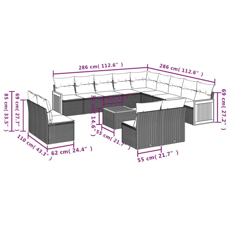 vidaXL 13 Piece Patio Sofa Set with Cushions Black Poly Rattan