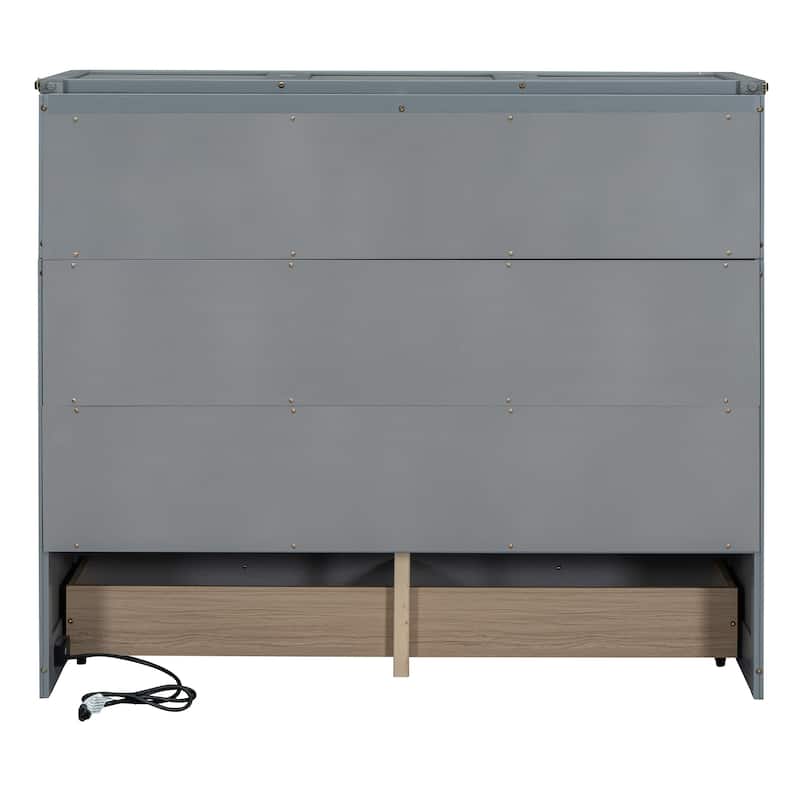 Wood Murphy Chest Bed Frame with Drawer and Charging Station, Space Saving Hidden Folding Cabinet Bed