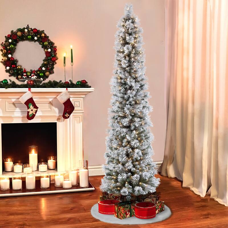 Puleo International 6.5 ft Pre-Lit Flocked Pine Pencil Artificial Tree