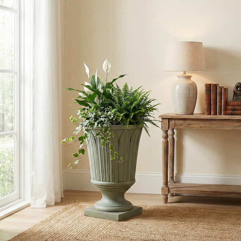 Christopher Knight Home - Classical 22.4"H Outdoor Pedestal Urn Planter with Embossed Leaf Design