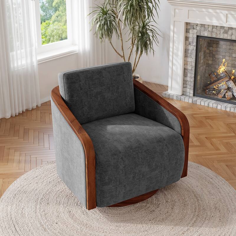 Upholstered Swivel Barrel Chair with Curved Wood Arms
