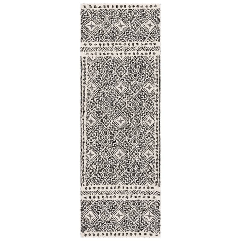 SAFAVIEH Handmade Micro-Loop Jelske Wool Rug - 2'3" x 7' Runner - Black/Ivory - Runner