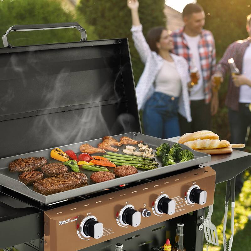 Royal Gourmet 4-Burner Gas Griddle with Hood and Side Shelves