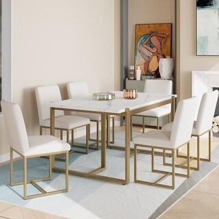 7-Piece Kitchen Dining Table Set for 6, Modern Faux Marble Table with 6 ...