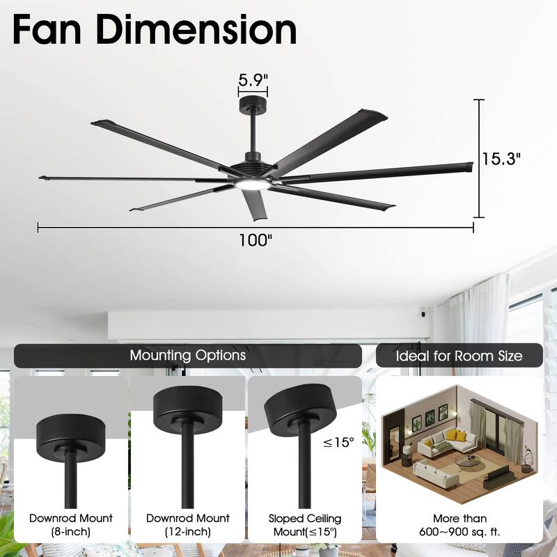 84"/ 100" Black Industrial Extra Large Commercial Ceiling Fan with Light