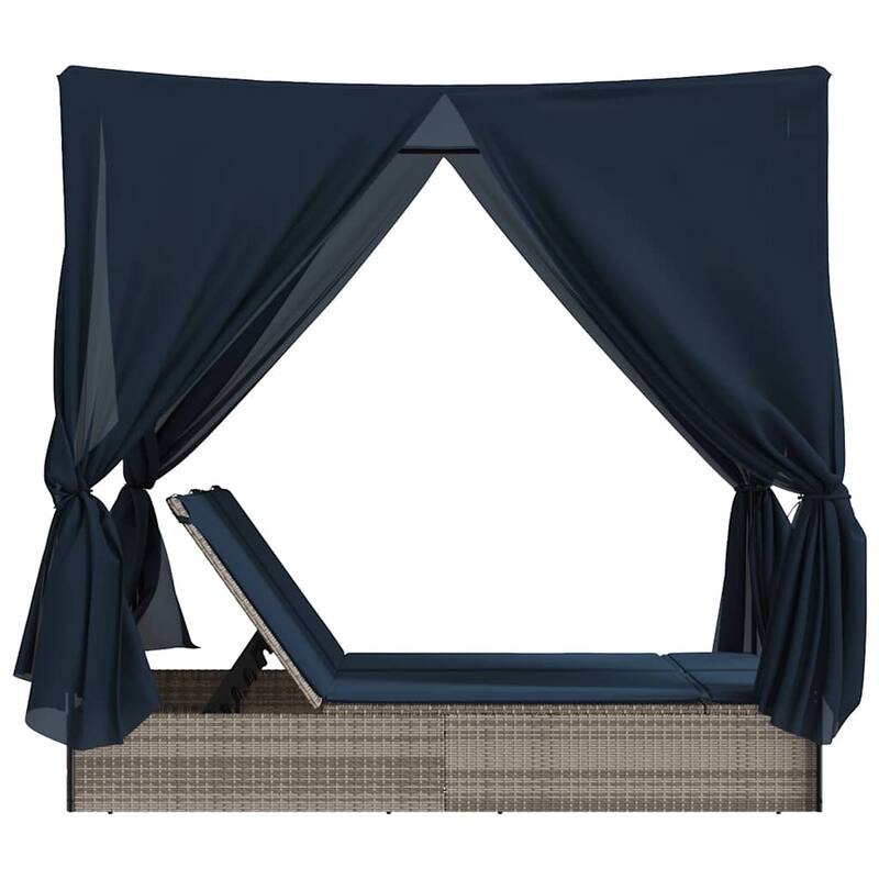 vidaXL Double Sun Lounger with Roof and Curtains Brown/Gray/Black Poly Rattan - 78.7" x 44.9" x 77.2"